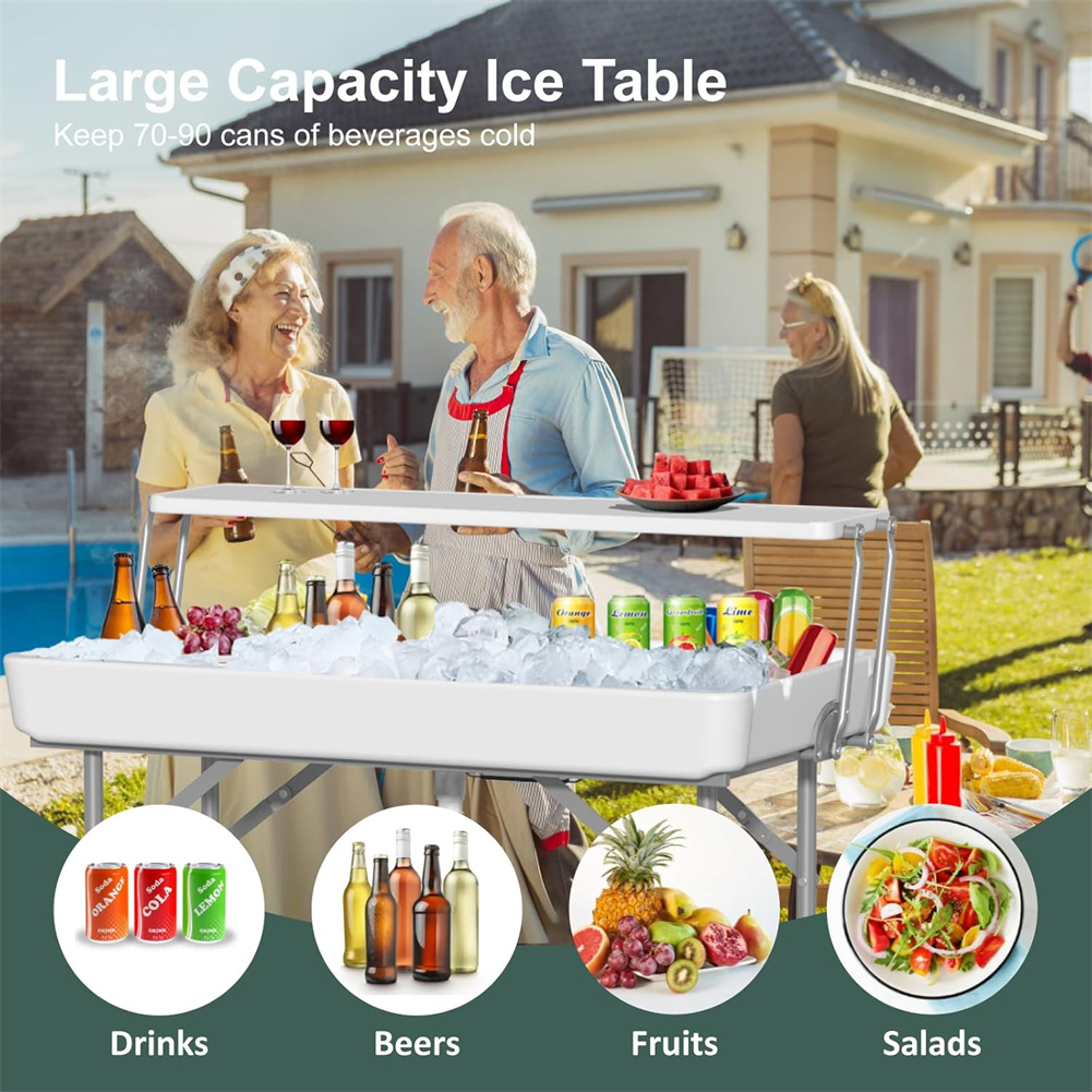 Ataucjin Outdoor Ice Cooler Folding Table with Drain, Two-Tier Ice Tables with Removable Skirt and Extra Storage Shelf, Indoor Outdoor Use for Events, Parties, Wedding, Camping, BBQ, White