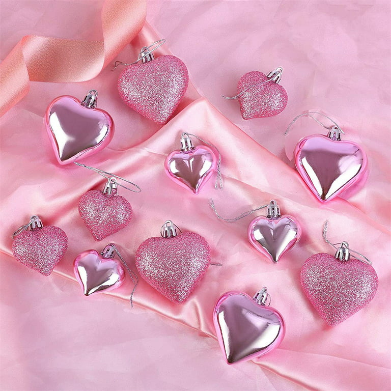 24 Pieces Valentines Day Decor Heart Shaped Ornaments Valentines Day Heart  Ornaments Glitter Glossy Heart Shaped Baubles Hanging Ornaments for Wedding