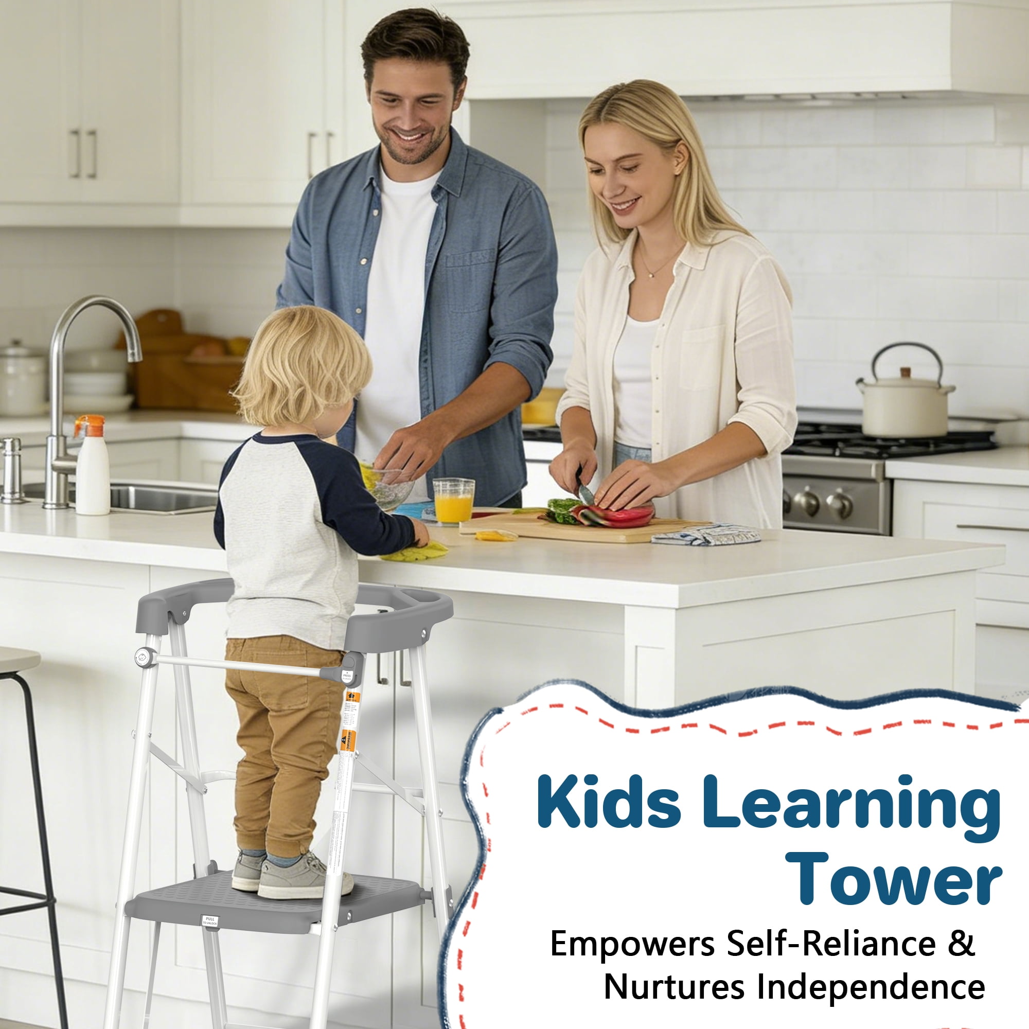 LevLad Toddler Kitchen Step Stool Helper for Kids, Foldable Learning Standing Tower for Kitchen Counter, Bathroom Sink, Gray