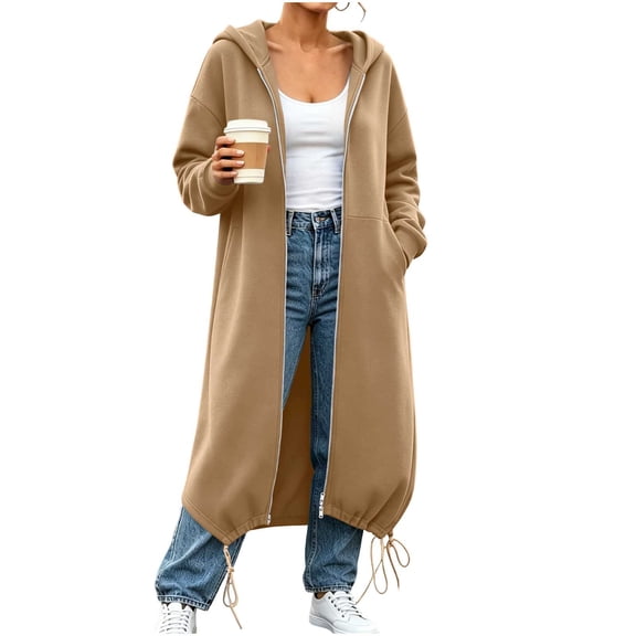 KyCheLot Womens Sweatshirt Zip up Long Sleeve Solid Color Hoodies Loose Trendy Maxi Length Coats with Pockets