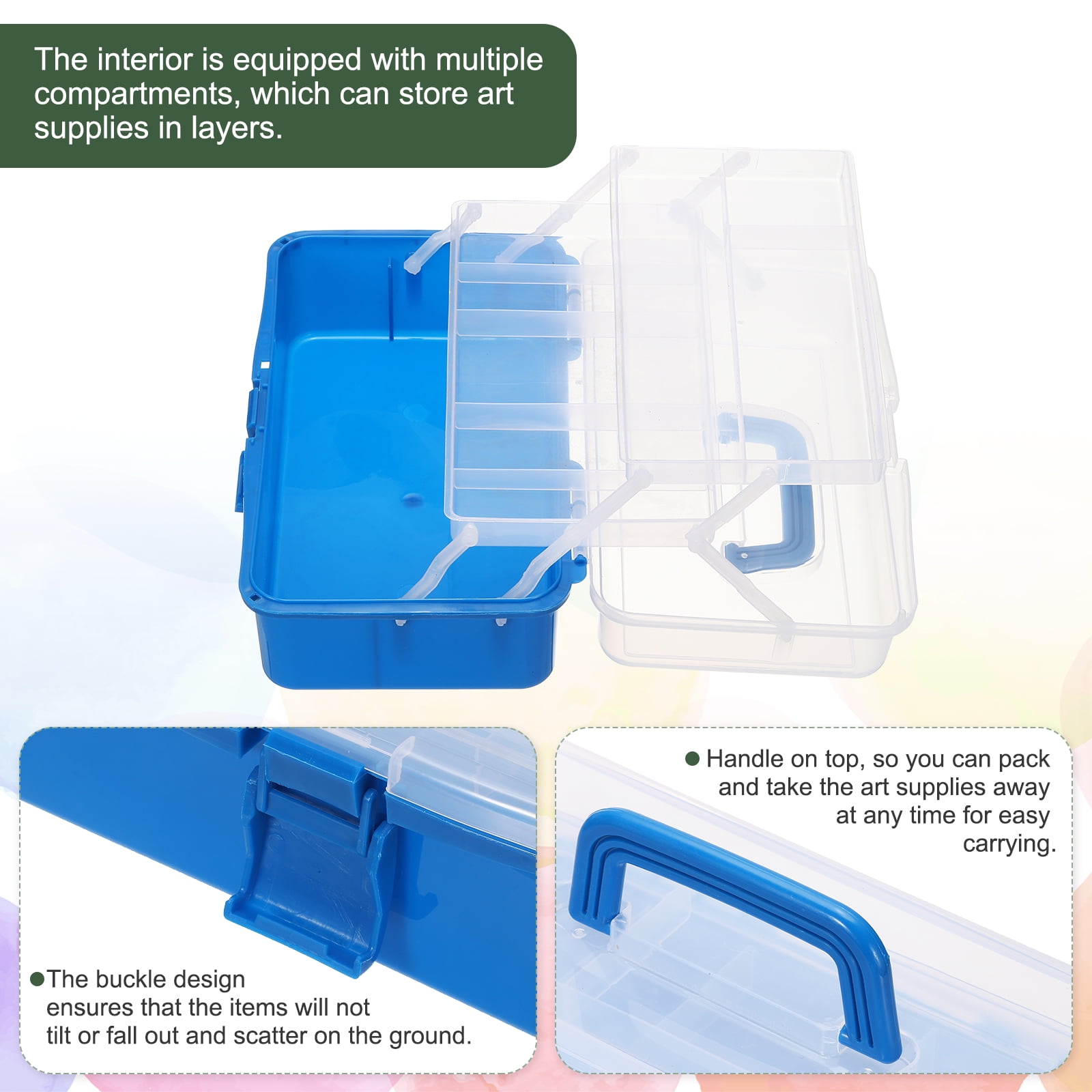 Uxcell Art Supply Storage Organizer, 3-Tray Craft Tool Box Art Supplies Organizer with Handle Buckle for Brushes Paints Stamps, Trans Blue