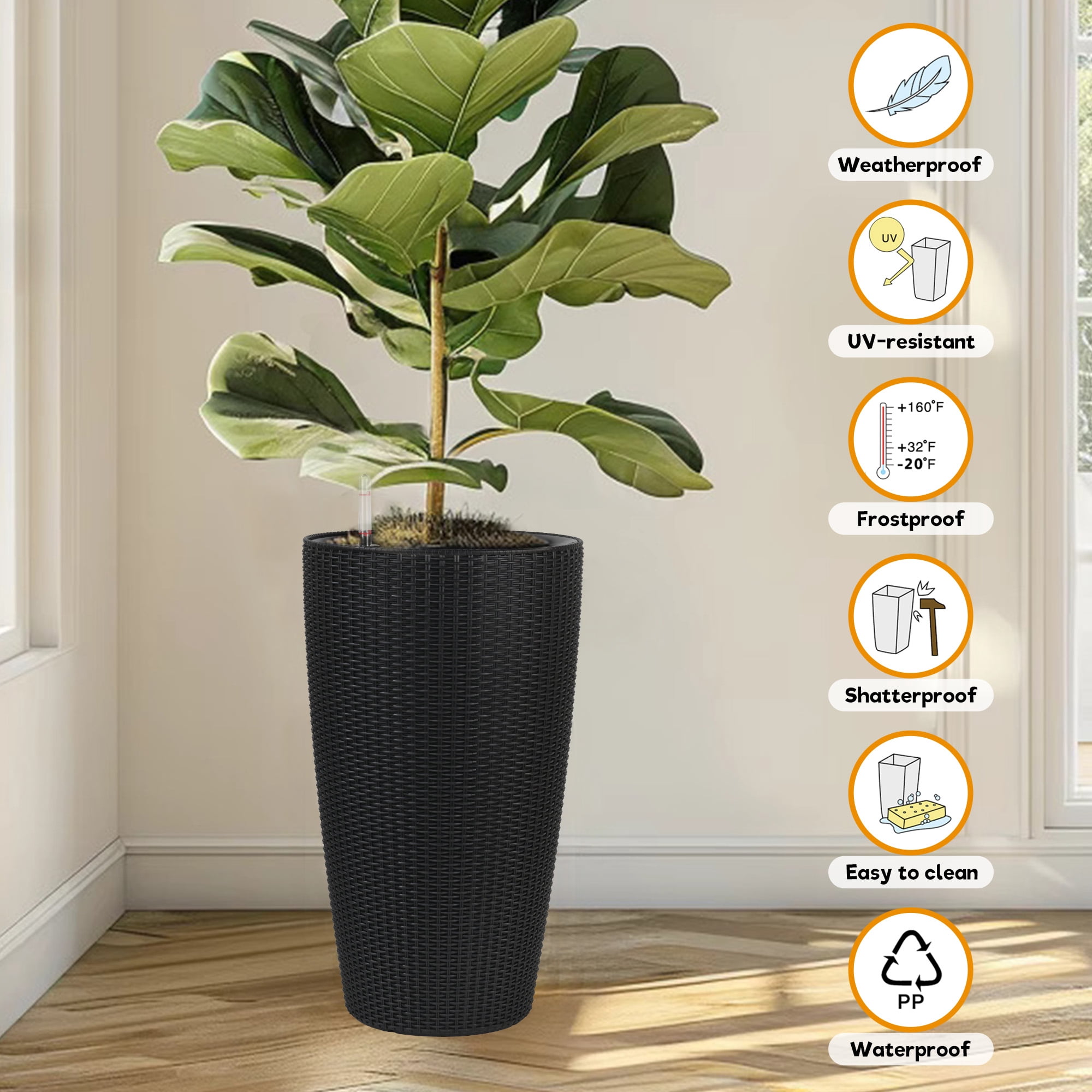 Black Polypropylene Set of 2 Tall Planters - 22.17 in H for Indoor Outdoor Use