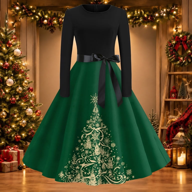 Women Snowflake Christmas Printed Vintage Dress Long Sleeve Round Neck ...