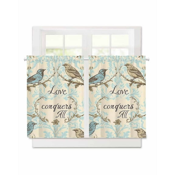Vintage Bird Short Blackout Curtains 36 Inch Long Love Floral Teal Blue Watercolor Rod Pocket Kitchen Curtains, 2 Panels Thermal Insulated Room Darkening Drapes for Bedroom, 30"W x 36"L