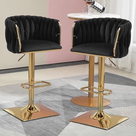 Homefun Velvet Bar Stools Set of 2,Modern Height Adjustable Swivel Barstools Counter Chairs with High Back & Gold Metal Base