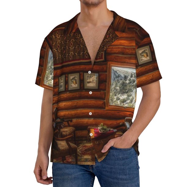 Fotbe Log Cabin Inside Camisa Estampada de Manga Corta para Hombre, Casual de Verano, Estilo Playero, Sin Arrugas-Large