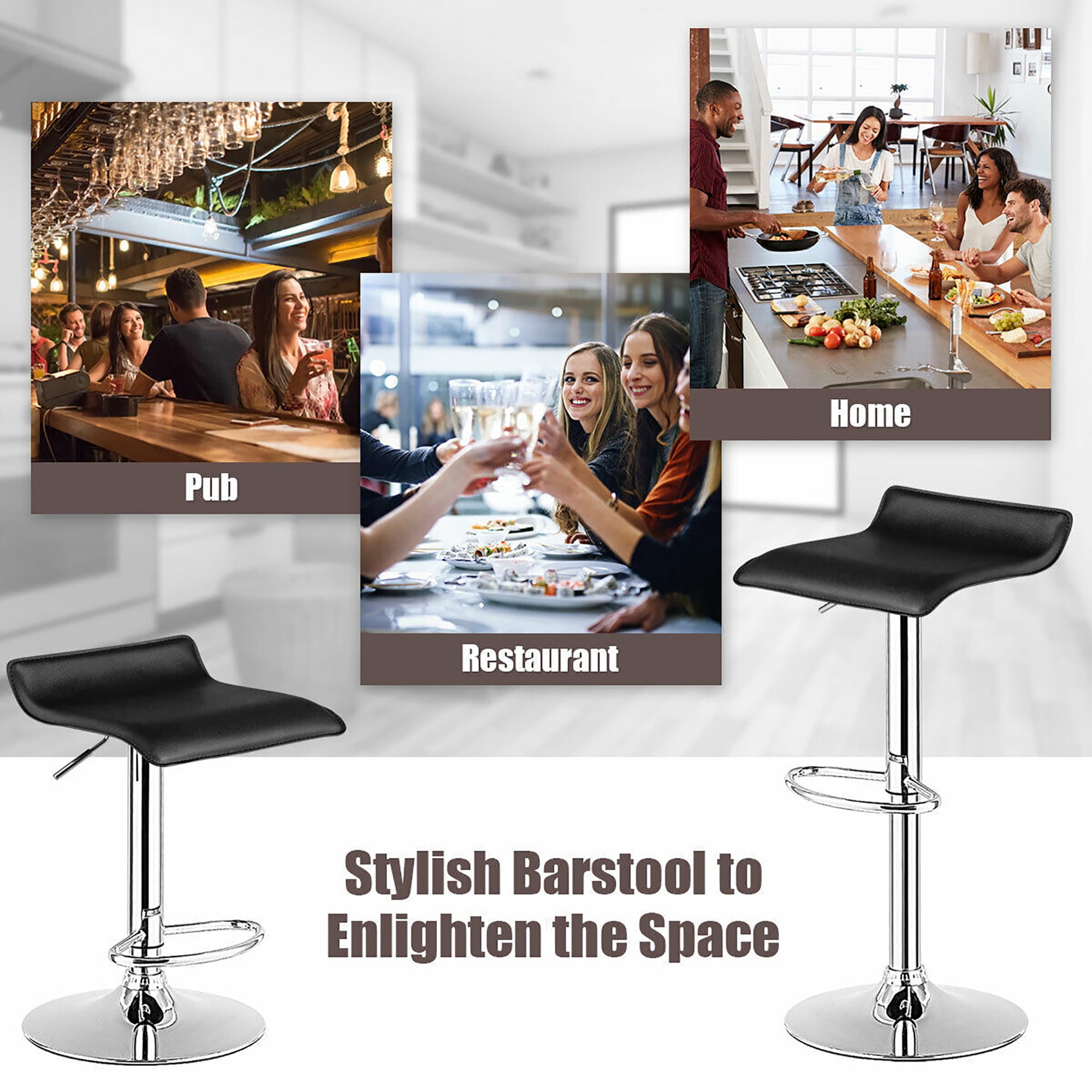 Costway Set of 2 Swivel Bar Stool PU Leather Adjustable Kitchen Counter Bar Chairs Black Low Back