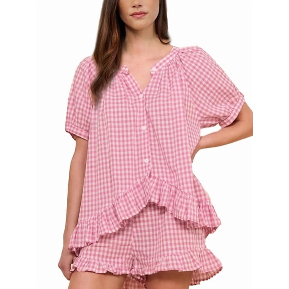 Womens Gingham Pajamas Set 2 Piece Sets Puff Sleeve Ruffle Babydoll Shirt Shorts Summer Outfits Pink L