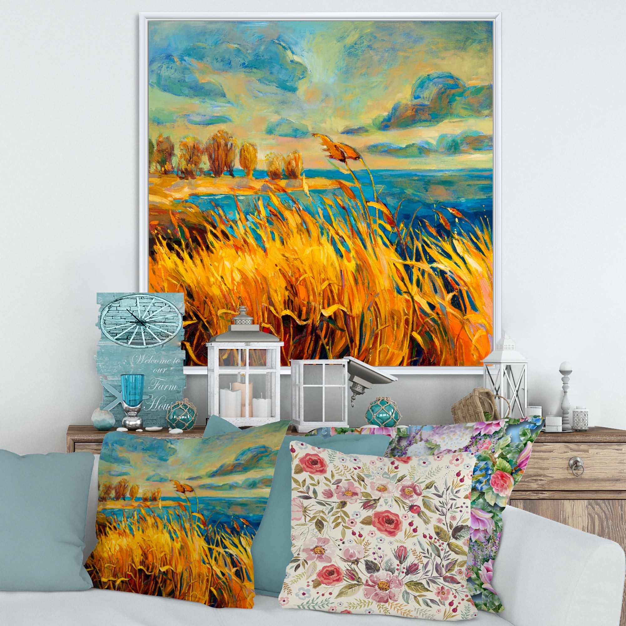 Designart 'Sunset Over Vibrant Lake' Nautical & Coastal Framed Canvas Wall Art Print
