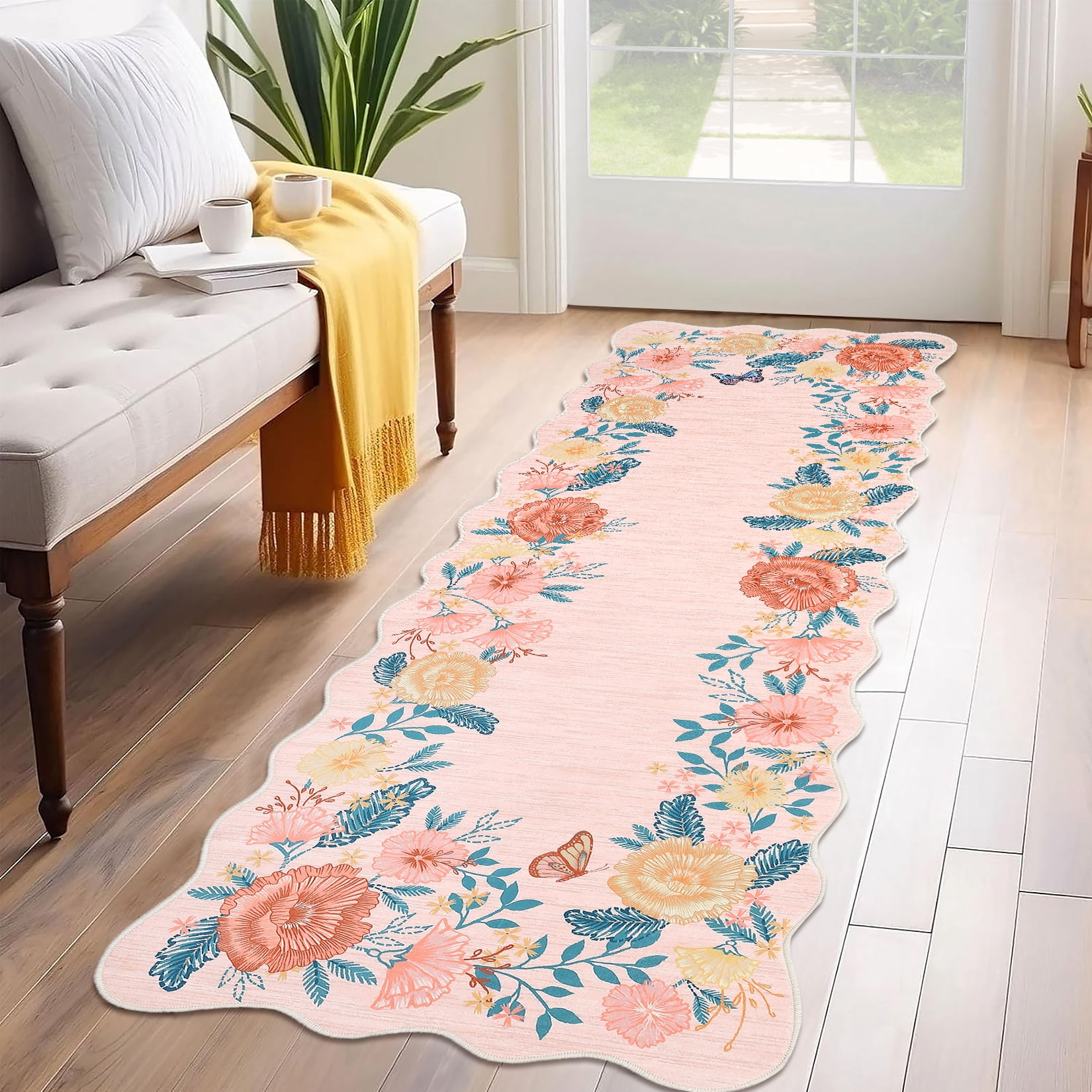 Garvee 2'x6' Runner Rugs Washable Foldable Print Rug, Non-Slip Low Pile Rug Distressed Indoor Floral Rugs for Hallway, Laundry Room, Farmhouse Kitchen Mat, Pink