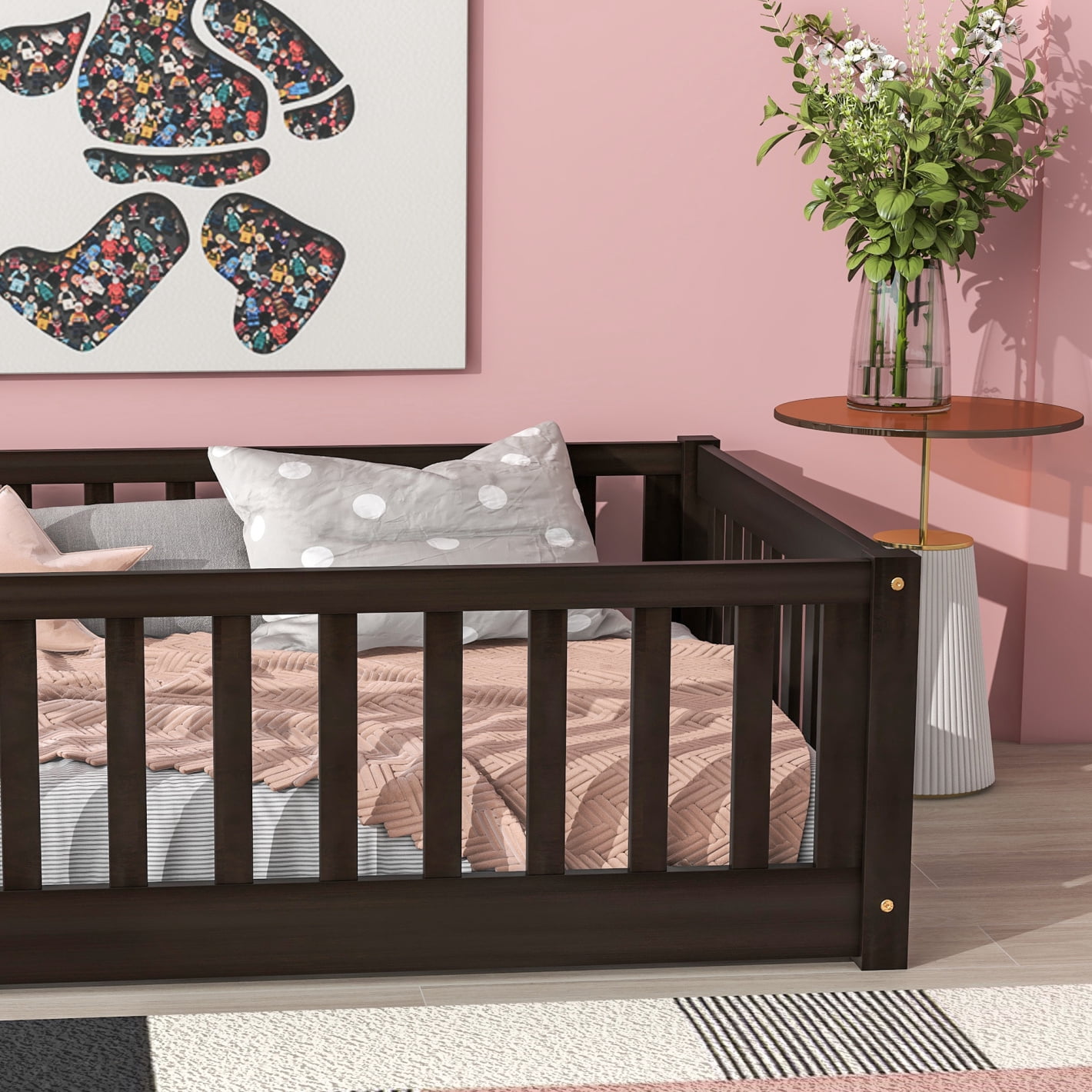 Twin Size Floor Bed for Toddlers and Kids, Solid Wood Montessori Floor Bed with Safety Fence Rail without Door, Durable Montessori Bed Frame with Sturdy Slats Support for Boys and Girls, Espresso