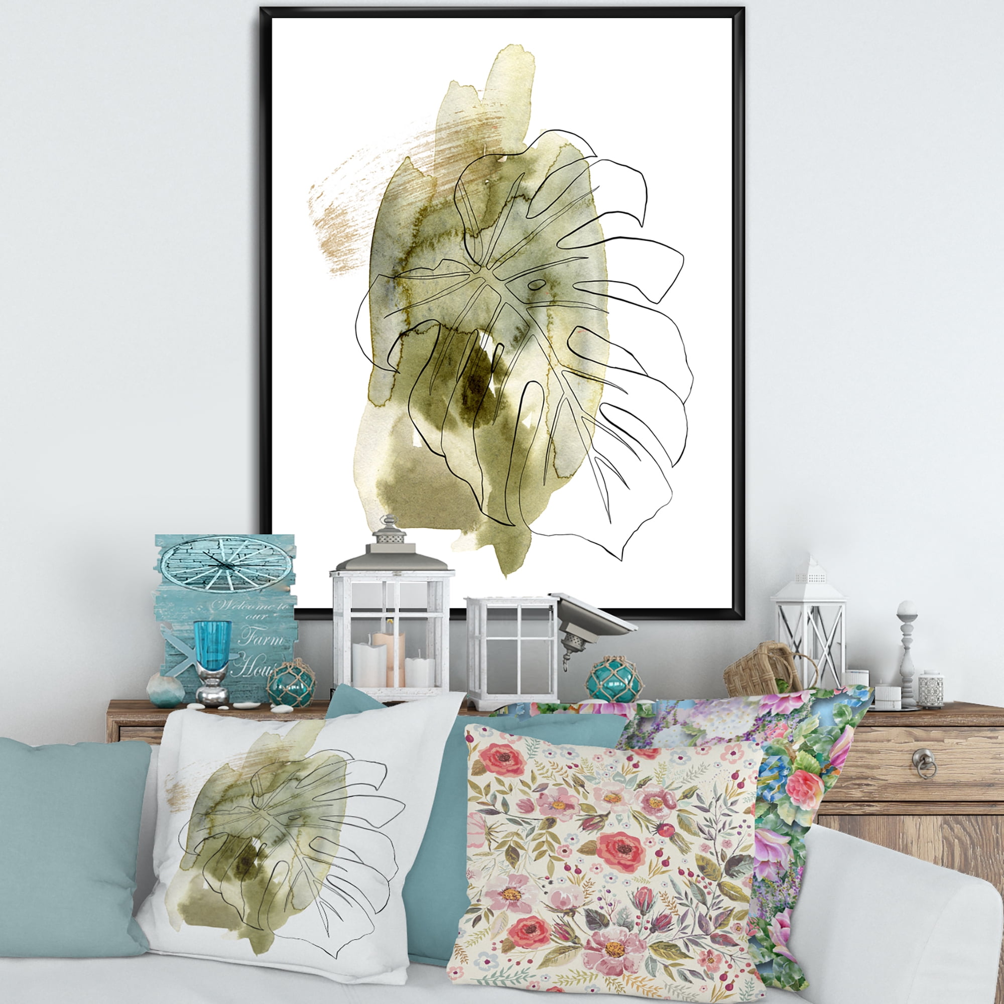 Designart 'Line Art Monstera Branch Tropical Abstract Leaves on Green' Traditional Framed Canvas Wall Art Print