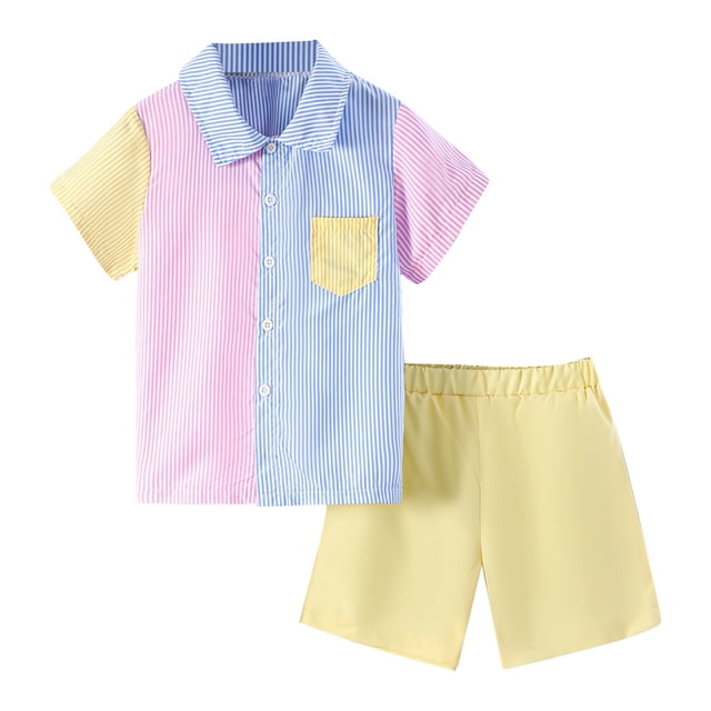 Boys Colorblock Shirt Tops and Solid Color Shorts Sets Button Down Shirts+ Shorts Summer Outfits Yellow 7-8 Years