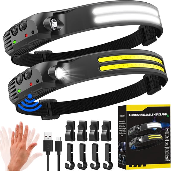 HIBIBUD Headlamp Rechargeable 2 Pack 230° Wide Beam Head Lamp 2000 Lumen Super Bright Led Headlamp Motion Sensor Waterproof 0.14Lb Lightweight Head Lights Forehead Hiking Running Camping Essentials