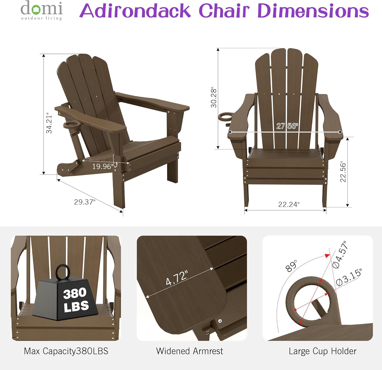 Domi Outdoor Living Folding Adirondack Chair, All-Weather HDPE Patio Chair with Cup Holder, Weather-Resistant Fire Pit Seating for Backyard, Deck, Garden & Poolside, Brown