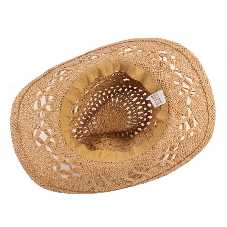 Pnellth Cowboy Hat Classic Vintage Hollow Out unisex Curled Edge Wide Brim Men Sun Hat Fishing Hat Khaki, Women's, Size: One size, Beige