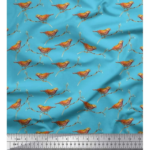 Soimoi Viscose Chiffon Fabric Brush Stroke,Branch & Evening Grosbeak Bird Print Fabric by The Yard 42 Inch Wide