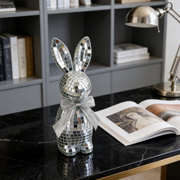 Mosaic Glass Easter Bunny Decor - Reflective Mirror Ball Rabbit Sculpture for Party Festival Home Tabletop Decoration