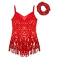 thumbnail image 3 of TiaoBug Kids Girls Sequins Jazz Latin Tassel Dance Dress Sleeveless Ballet Mesh Fringed Leotard with Hair Tie Red 10, 3 of 7