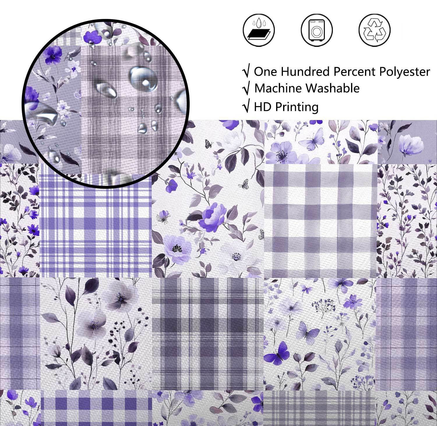 Cute Plaid Floral Shower Curtain, Boho Purple Flower Fabric Shower Curtains for Bathroom, Retro Purple Floral Checkered Patchwork Bath Curtain Set Washable Waterproof with 12Hooks,70X85in