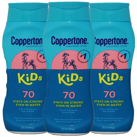 Coppertone Kids Sunscreen Lotion, SPF 70 Sunscreen for Kids, #1 Pediatrician Recommended Sunscreen Brand, Water Resistant Sunscreen SPF 70, 8 Fl Oz Bottle (Pack of 3)