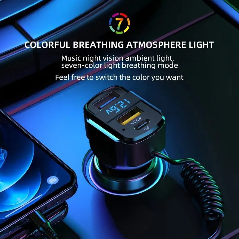 65W USB C Fast Car Charger with PD Quick Charge, Dual Port Cigarette Lighter Car Charger with LED Display, 3 in 1 Elastic Charging Cable, for iPhone and Android