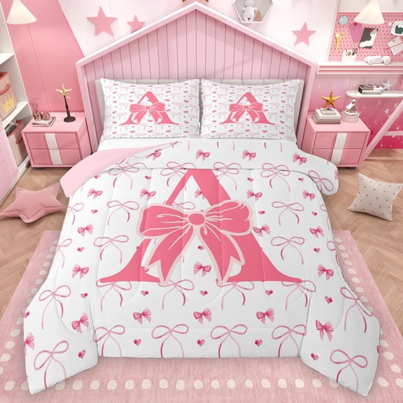 Homewish Initial A Letter Bedding Comforter Set for Girls, Cute Watercolor Bowknot Twin Comforter Sets, Pink Love Heart Reversible Bedding Set, Lightweight Room Decor, 2 Pieces