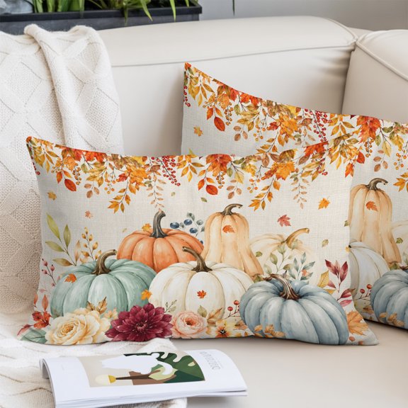 Orange Pumpkins Thanksgiving Queen Size Pillow Cover,Pillowcase Protectors with Zipper,Breathable Decorative Throw Pillow Case Cover,Fall Weeping Leaves Floral Rustic Pillow Shams for Couch 20x30Inch