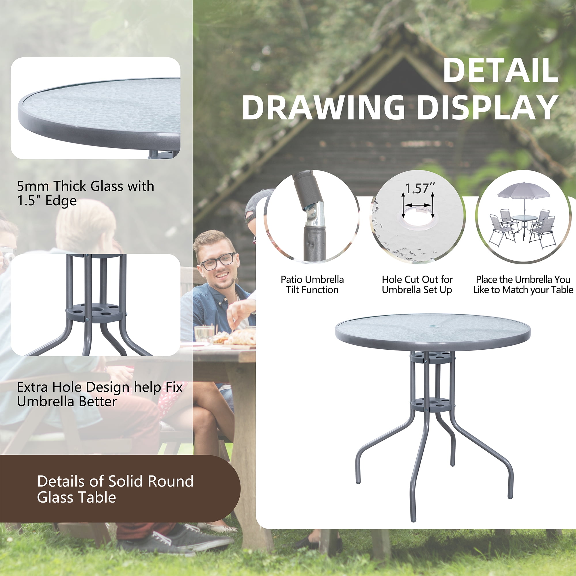 Walsunny 6 Piece Patio Furniture Set with Umbrella, Outdoor Patio Dining Set with 4 Folding Chairs and Tempered Glass Dining Table, Silver