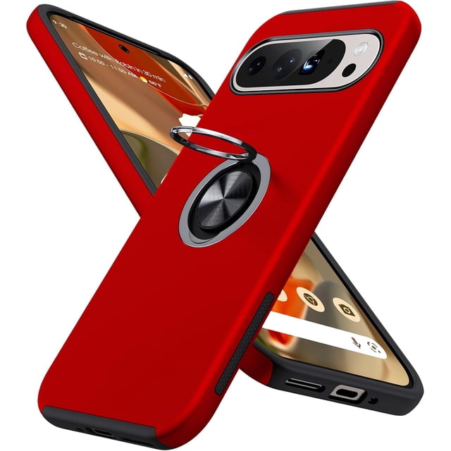 KOMI for Google Pixel 9 Pro XL Case, Slim Fit Case for Pixel 9 Pro XL with Metal Ring Holder Kickstand, Dual Layer Shockproof Protective Phone Case for Google 9 Pro XL 6.8", Red
