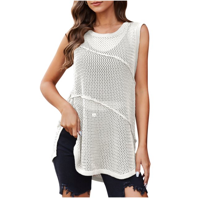 Yuyuzo Chandail Femme Été Crochet Débardeur Col Rond Creux Tricot Gilet Sans Manches Cami Court