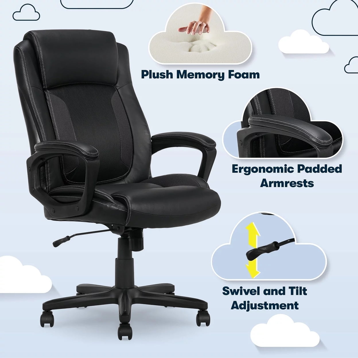 Serta Mid Back Lumber Support and Swivel Office Desk Chair, Black