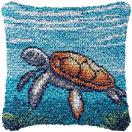 Sea Turtle Latch Hook Pillow Kits for DIY Handmade Throw Pillow Cross Stitch Latch Hooking Pillowcase Rug Kits with Preprinted Color Pattern Canvas Crochet Yarn 17''X 17''(d31)