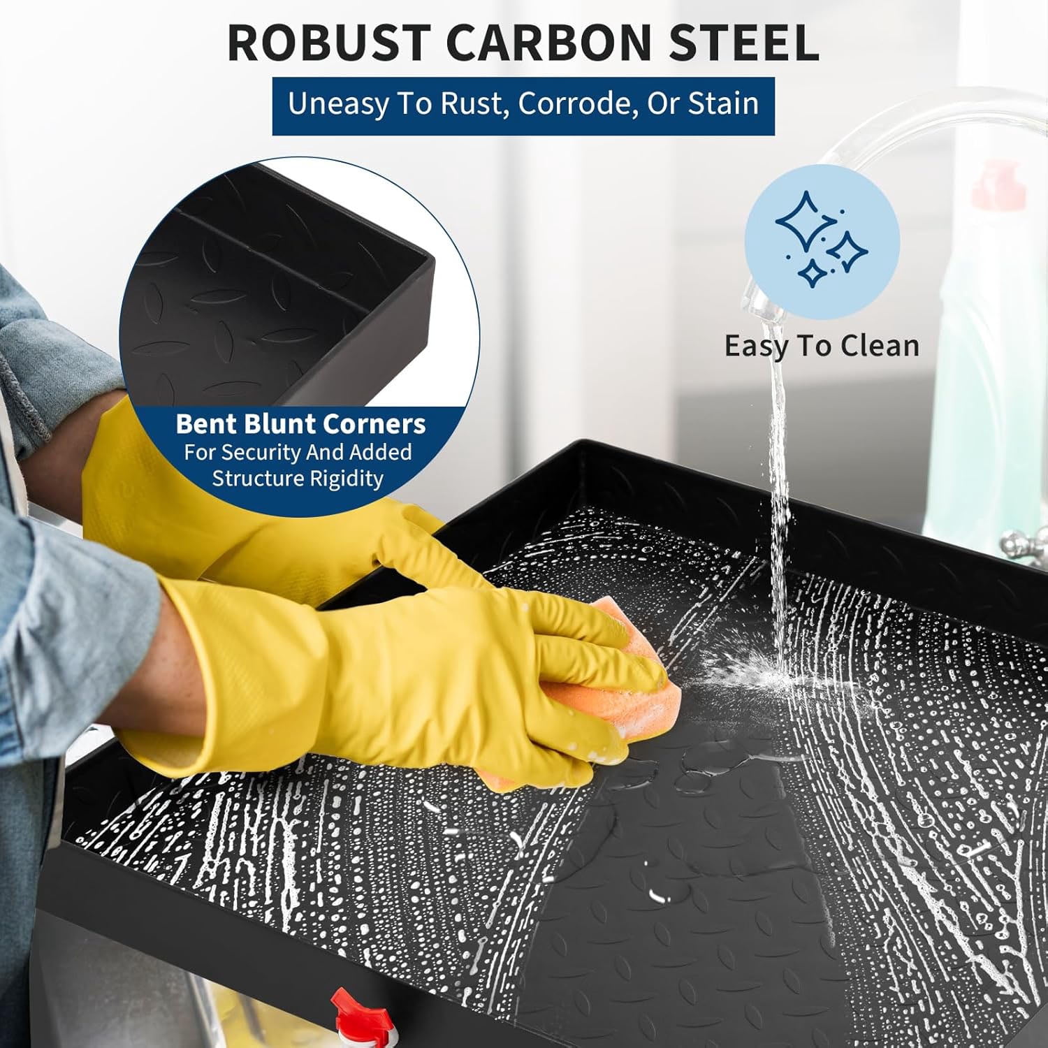 Studyset Heavy-Duty Carbon Steel Washing Machine Pan - 24x24x2in Rust-Free Water Damage Protection with 4 Anti-Vibration Feet, Easy Install No-Hole Design