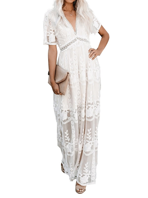 v neck short sleeve lace maxi dress