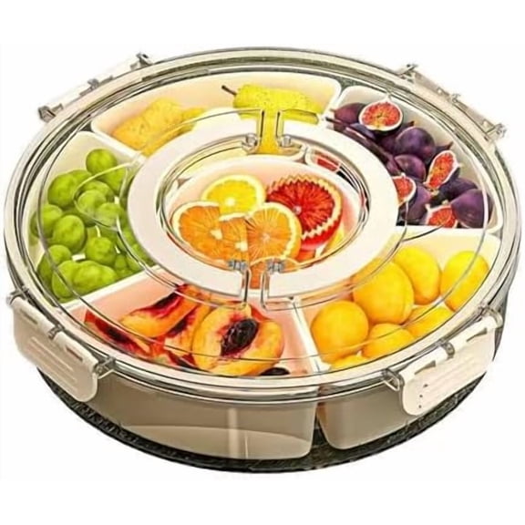 Round Divided Serving Tray with Lid, 6 Compartments Portable Fruit Tray with Lid, Clear Veggie Tray Crudites Snack Container, Dust-Proof Stackable Tray for Candy Nuts Party Serving