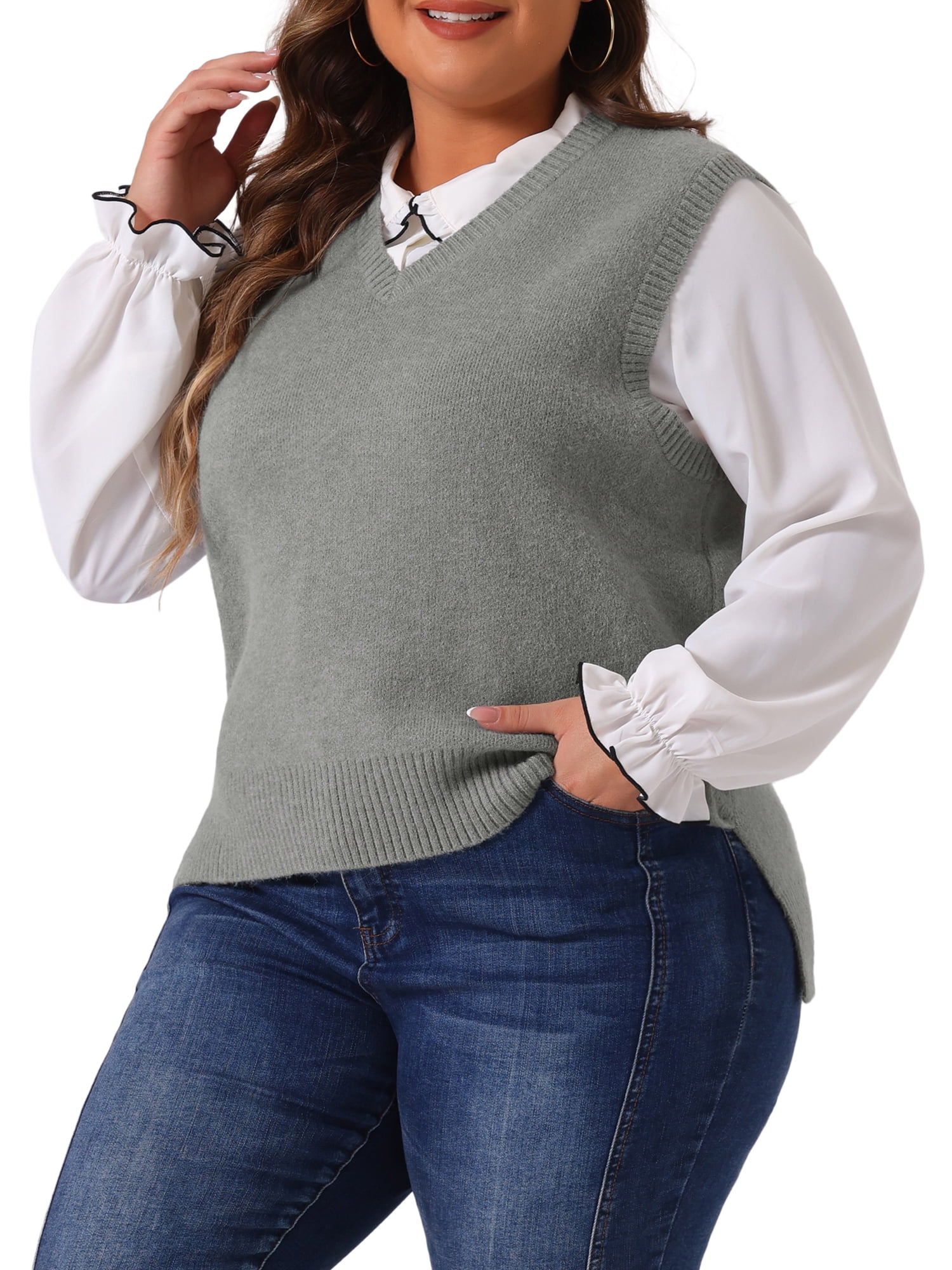 DARING DIVA Women's Plus Size V Neck Knit Sweater Vest 2X Gray