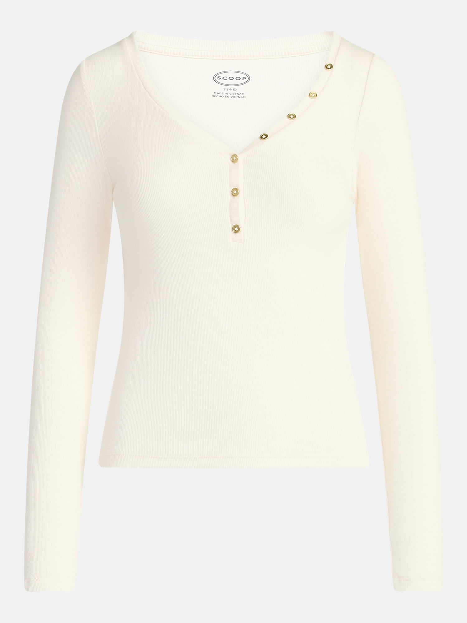 Scoop Women’s Ribbed V Neck Henley Top with Long Sleeves, Sizes XS-XXL