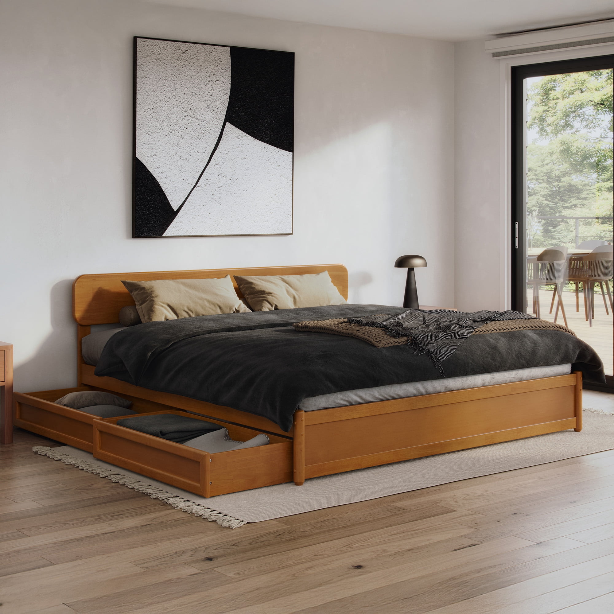 AFI Capri King Wood Platform Bed with Panel Footboard and Storage Drawers, Light Toffee