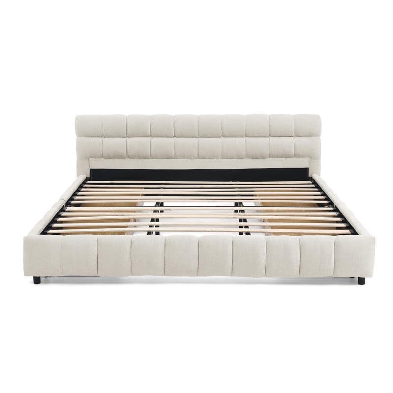 King Size Upholstered Platform Bed with 4 Storage Drawers, Low-Profile Chenille Grounded Bed with Headboard and Solid Frame, No Box Spring Needed