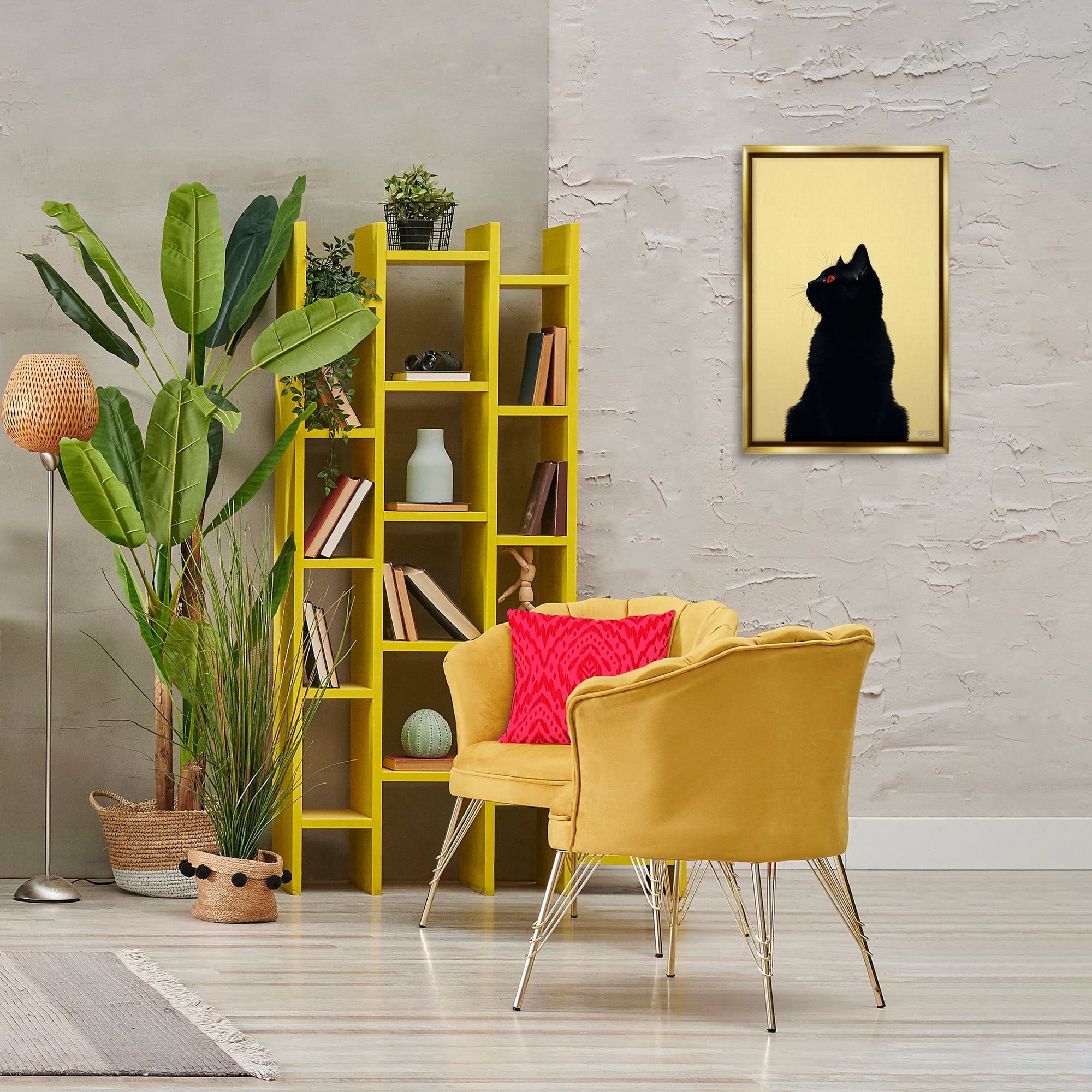 Stupell Industries Black Cat on Yellow Animals & Insects Painting Gold Floater Framed Canvas Art Print Wall Art, 17 x 25