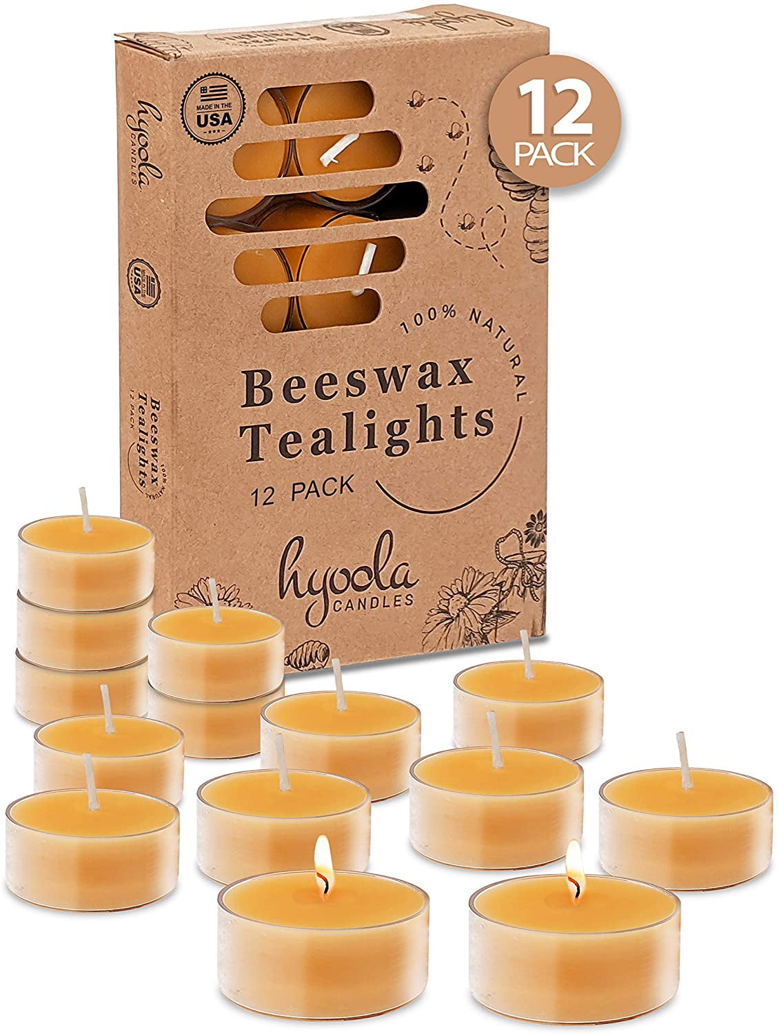 6 Natural Honey Scented Beeswax Tea Light Candles Cotton Wick Aluminum Cup
