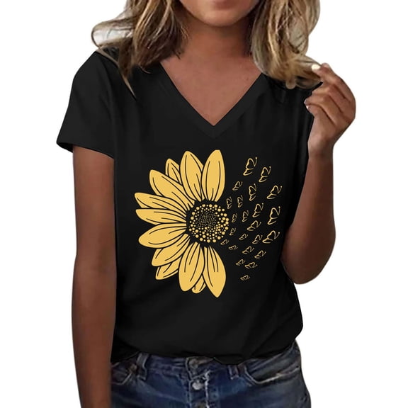 Women's Sunflower T-Shirt - Plus Size Summer Top - Short Sleeve Graphic Tee - V-Neck Casual Wear | Baberdicy | Women's Sunshade Summer T Shirt Plus Size Loose Top Top Girls Short (Black | L)