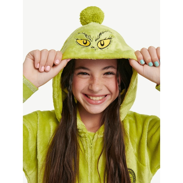 Justice Girls Grinch Hooded Full Zip Onesie Pajama Sizes 5 18 and