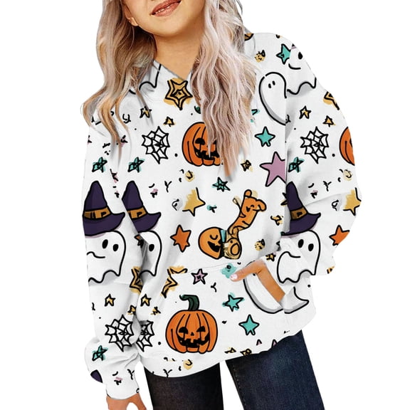 EnJoCho Girls Pullover Sweatshirt - Halloween Ghos𝗍 Pumpkin Print Hoodie for Toddler Girl Little Girls Teen Girls, Long Sleeve Casual Hooded Top for Fall Winter School Holiday Outfit