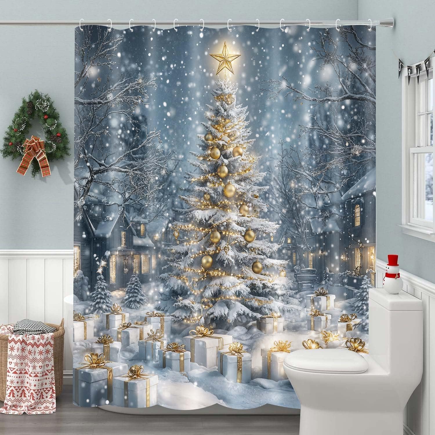 Blue Christmas Shower Curtain Gold Christmas Tree Standing in Snowflakes Holiday Bathroom Decor, Farmhouse Winter Bathroom Accessories 70X70IN