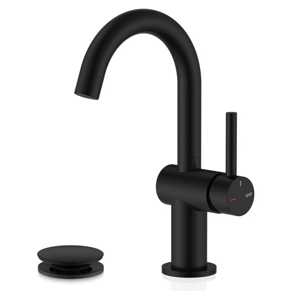 KENES Matte Black Bathroom Sink Faucet, Bathroom Faucets Single Handle Modern Prep Wet Bar Sink Faucets with Drain Assembly & Deck Plate, Farmhouse RV Camper Outdoor