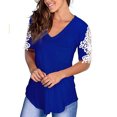 thumbnail image 4 of Blusa de manga corta con costuras de encaje, cuello en V, camisa clásica de color puro, verano para mujer, mujer, azul, L, 4 of 6