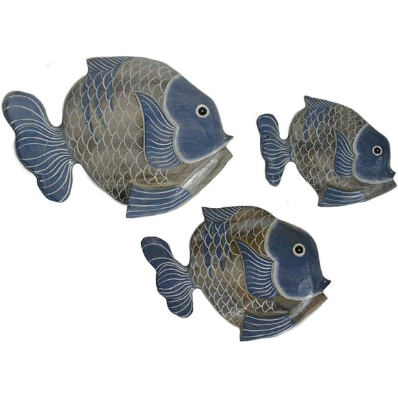 Beautiful Unique Set of 3 Scales Wooden Fish Hanging Wall Art Hand Carved Statue Sculpture
