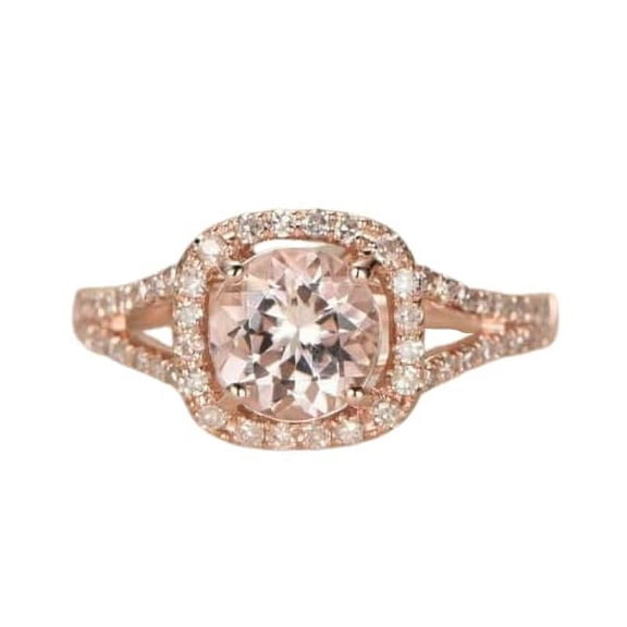 HeartsAndYou 2ct Natural Peach Morganite Birthday Ring 14k SOLID Rose Gold Halo Split Shank